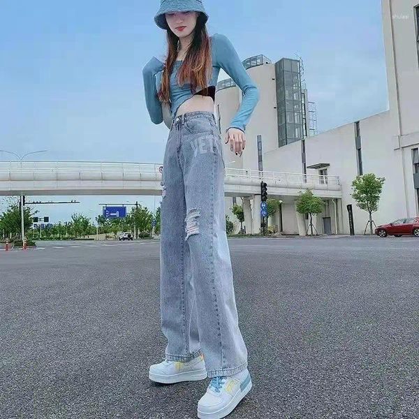 Calça jeans feminina calça de jeans de perna larga calça de jeans alta calça de streetwear madeira de calça de streetwear casual coreano azul reto y2k estética