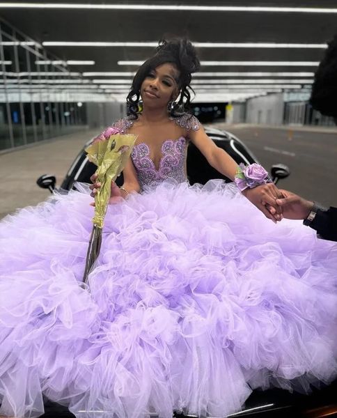 Lilac Lavender Sparkly Mermaid Prom Cerimonia Abiti per feste per Black Girl 2024 Luxury Diamond Crystal Ruffles Abito di gala da sera