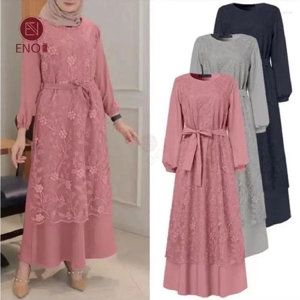 Roupas étnicas Ramadan abaya peru feminino O-pescoço O-pescoço de renda longa cintura solta saia longa saia de dama de honra Vestidos marroquinos kaftan europeu Europeu