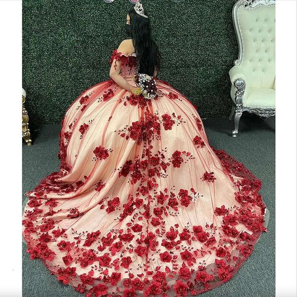Abiti da quinceanera principessa rosso scuro per perle 3d perle con corsetto a pizzo applique dolci 15 16 abiti indossare xv anos 0509