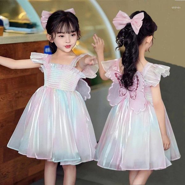 Girl Dresses Kids Kids Gradient RainbowTulle Dress Dress Butterfly Decoration Vestitido per bambini Summer Gira Princess Christmas Birthday Party