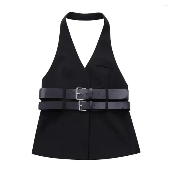 Tanques femininos 2024 Mulheres moda v pescoço de cinto duplo design sem costas Black Halter Tops feminino Slim Camisole colete 4315