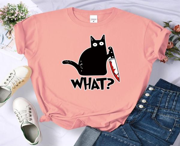 Cartoon Black Cat What Print Tir Shirt Women Casual Sweat Loose Cous Tee Roupos Oversize Summer Crewneck Tops Simplicity fulmens9067780