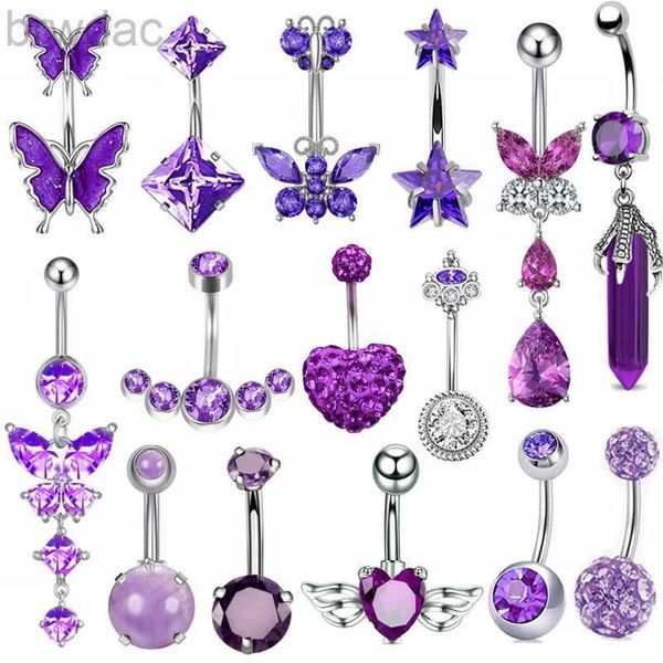 Anéis do umbigo 1pcs roxo Butterfly Belly Butrind Rings 14g Star Belly Ring Coração de cristal de cristal de cristal de churrasco ombligo mujer d240509