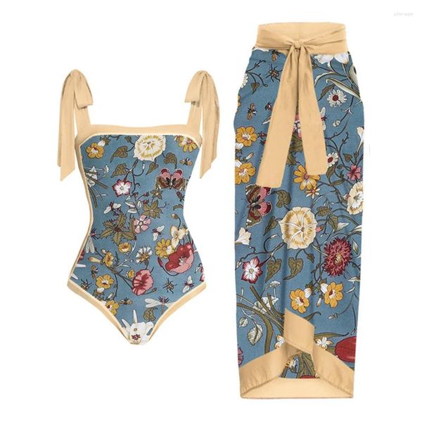 Feminino de banho de banho feminina Sexy Biquíni Impressa Vintage Colorblock Floral Print One Piece Swimsuits Com Cover Ups Mulheres maiúsculas 2024