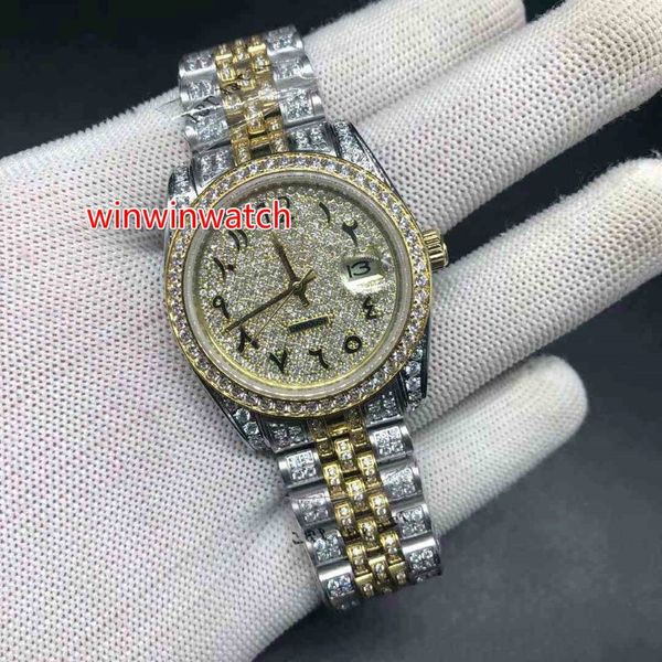 Full Diamonds Case Watches for Men Big Stones Bezel Day Sweep Date Automatic Watch Gread de alta qualidade Frete grátis 36mm Two Tone Watch 241d