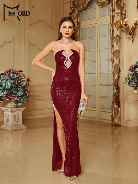 Повседневные платья Missord Wine Sequin Party Plout Женщины без бретелек.