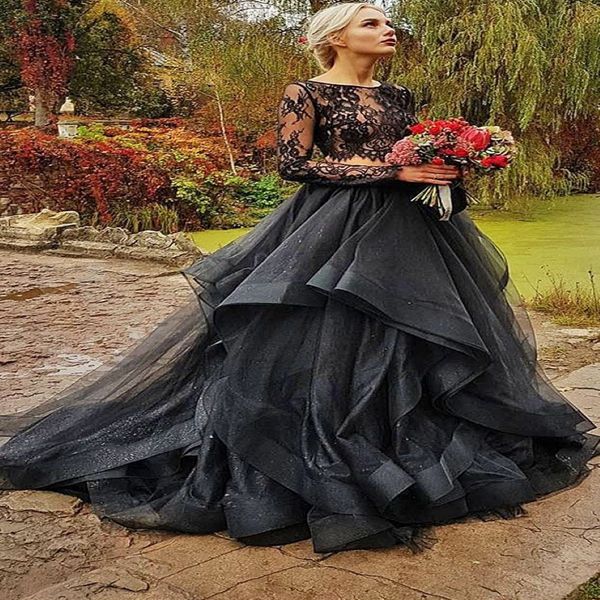 2 Stück Gothic schwarze farbenfrohe Brautkleider mit Farbe Illusion Spitzen Top Rüschen Organza Rock Boho schwarze Hochzeitskleider Couture 304U
