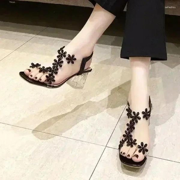 Sandals Sapatos Ladies Elastic Band Aberto Mulheres Summer Summer Rhinestones Flower Transparent Heels Fashion Zapatos