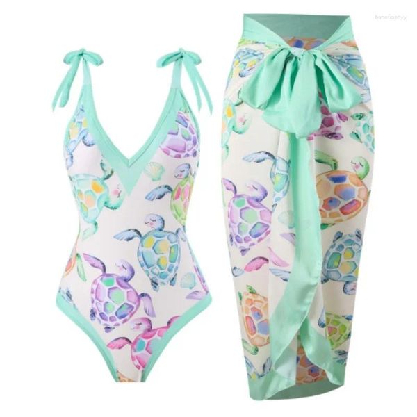 Swimwear da donna 2024 abito da spiaggia per donne stampato costume da bagno monopezzo coprire abiti da bagno in avvolgimento con cintura da bagno da bagno