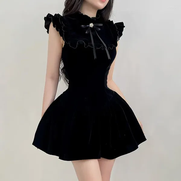 Abiti casual Principessa Celebrity Fashion Bow Dress Black Dress Summer Neck Brafole Sleeveless Velvet Fluffy Vintage Mini Party
