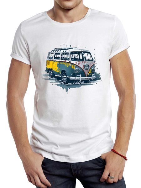 T-shirts masculinos Thub vintage Painteted Bus Men Tirina Graphic Camping Bus Sport Pano Retro Classic Car Tops Hipster T Y240509