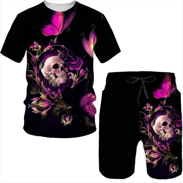 Herren Tracksuits 3D Print Vintage Skull Florale Männer Tracksuits Sets Männer Kurzes Slve 2pcs Set Männer Sweatshirt Hip Hop O-Neck T-Shirts Man Kleidung T240507