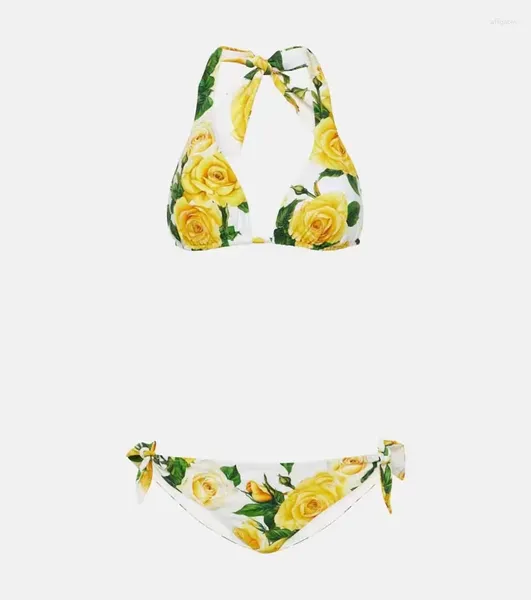 Swimwear's Swimwear Giallo Flower Stampa in pizzo Style Sexy Bikini Beach Surf Surf Triangolo Swimsuit a due pezzi