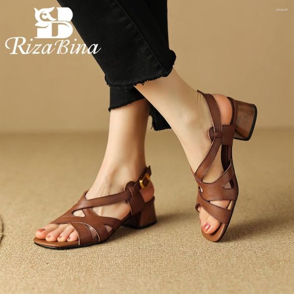 Sandalet Rizbina Roma Stil Gladyatör Kadınlar Gerçek Deri Kare Toe Blok Topuk Ayakkabı Retro Toka Kayışı Günlük Ofis