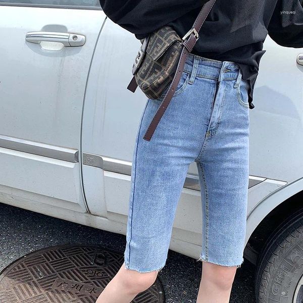 Jeans femininos 2024 Mulher Capris Skinny Black High Knee Knee Mom para mulheres jeans capri calças lápis Summer Summer