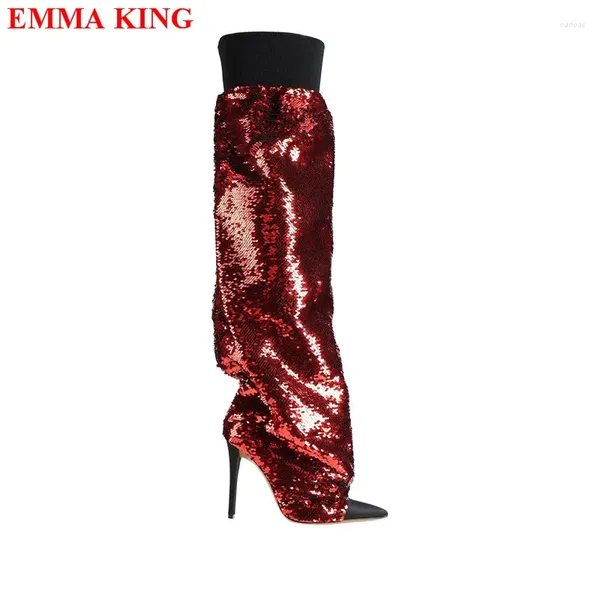 Boots Fashion Red Sequin High Heel Long Women Long Женщины заостренные ноги на шпильке каблуки по колену осенние зимние туфли плюс 44 размер 44