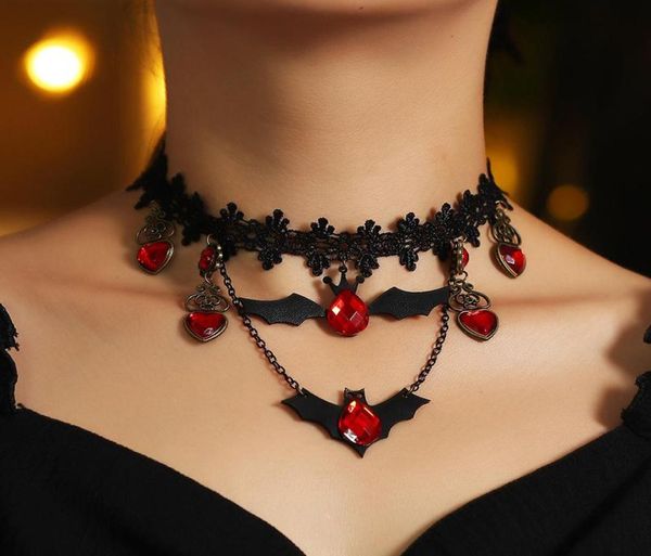 Anhänger Halsketten Gothic Schmuck Rote Fledermaus Halloween Halskette Spitzenhack für Frauen Nightmare vor Weihnachten Schwarz geschichtet 20213844540