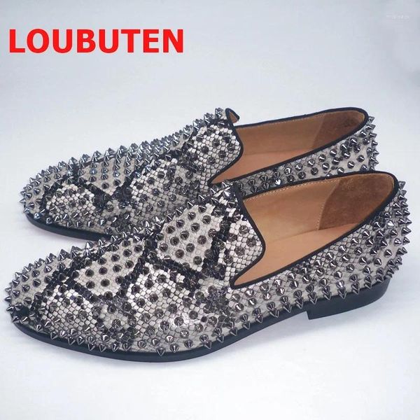 Ankunft für Freizeitschuhe Graues Schlangenhaut Muster Italienisches Leder für Männer Luxus silberne Spike -Slipper handgefertigtes Kleid