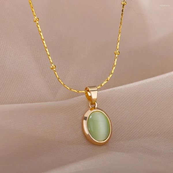 Catene in acciaio inossidabile rotondo Opal Moonlight Collana a sospensione per donne girocollo vintage piccole collane a catena di perline Gioielli Gift Collier Collier