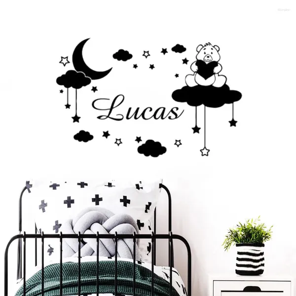 Wandaufkleber benutzerdefinierter Name Aufkleber Personalisierte Bear Moon Stars Wolkenabschlüsse für Kinderzimmer Dekoration Wallpaper Poster Baby B518