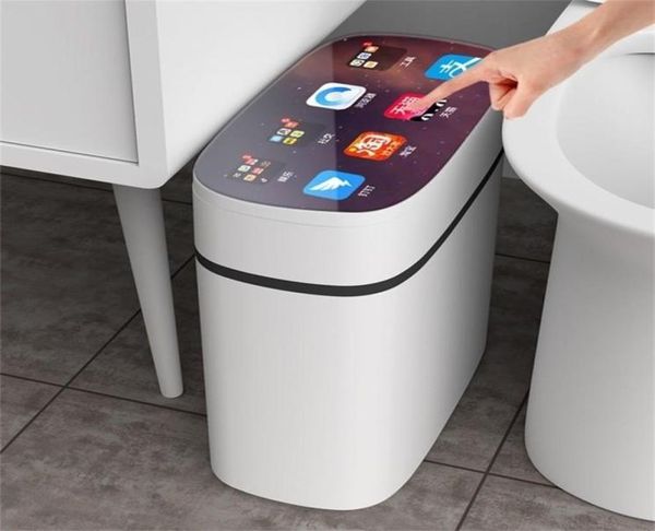 Sensor inteligente Lixo eletrônico automático Can Dwater à prova de banheiro água do banheiro estreita costura lixo Basurero 2112299912941