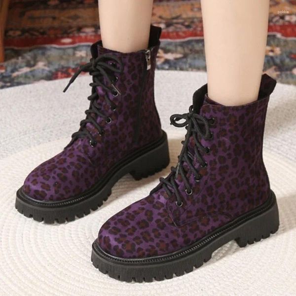 Stiefel Damenschuhe 2024 Mode Schnüre -up Reißverschluss Winterrunde Zehen gemischte Farben Leopardenmuster Chunky Heels nackt