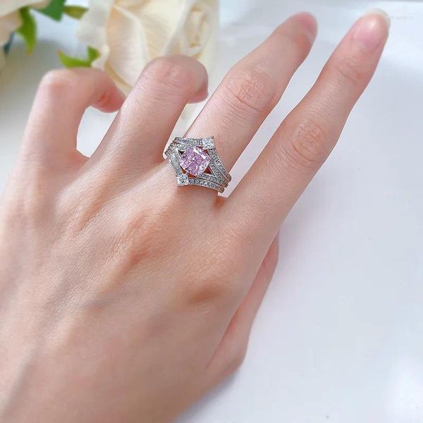 Ringos de cluster S925 Silver Ring Crown Princess Style 7 Pink Diamond Design exclusivo Moda