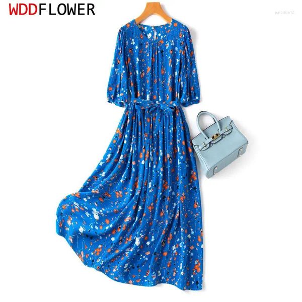 Vestidos de festa Mulheres vestido de seda midi Mulberry Crepe Royal azul floral real estampado de pescoço cintura cintura longa bainha bainha mm728