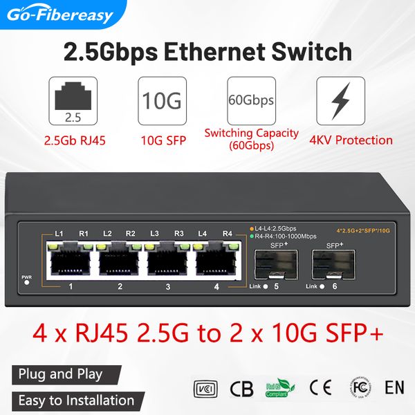 4-Port 2,5 GB Fibre Switch Uplink 2x10g SFP+ Port Plug and Play Hub Internet Splitter Lüfter für IP-Kamera/WLAN-AP