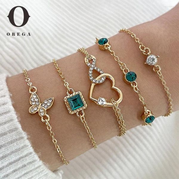 Bracelets de charme Obega 5 PCs Conjunto para mulheres naturais de pedra verde -verde