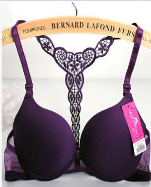 Moda Women Bra Front Foshure Fechamento Sexy Racer de renda de volta Superfície lisa Push up Roupher Lingerie Sujetador Red Purple Black2846721