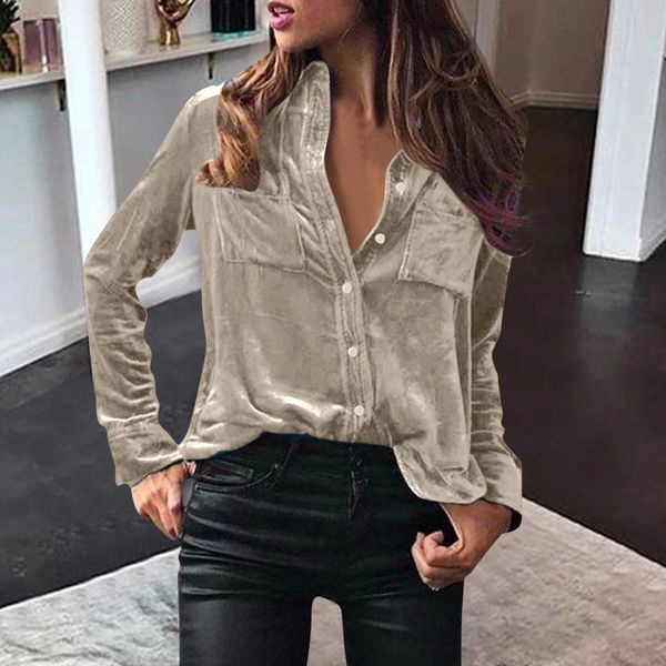 Top a camicia in velluto e blusa Tasca Female Stilish Slim Ladies Shirt Office Shirts Flanella Turndowm Collar Long Maniche 240507