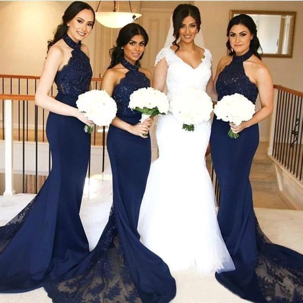 Sexy dunkle navy bridesmaid kleider mermaid halbhals mit spitze mädchen der ehren einkleider ärmellose long form formal gastkleider kundenspezifisch 308m