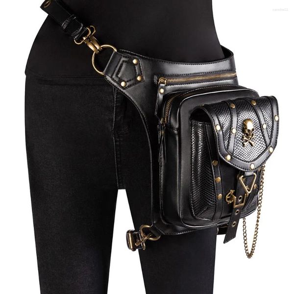 Bolsas de cintura rebite crânio hip hop punk pu saco de couro feminino gótico vintage sling crossbody withc correntes mochila de motocicleta