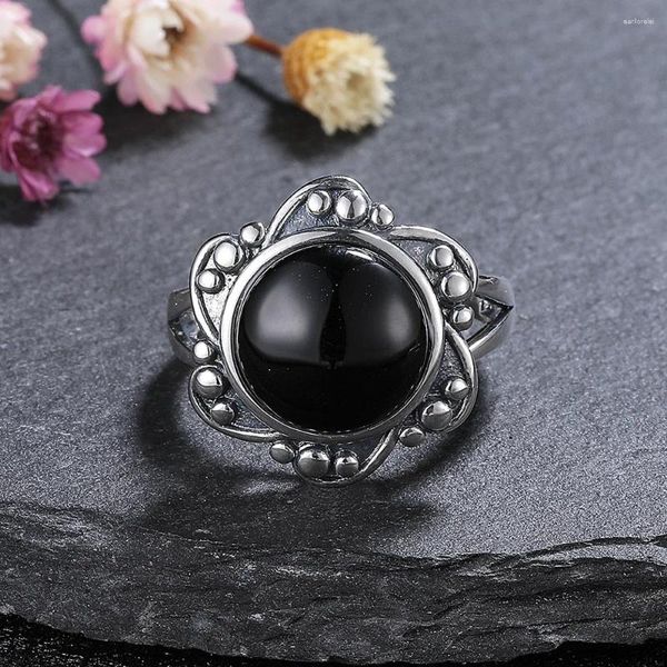 Anelli a grappolo 925 anello di gioielli in argento sterling naturale da 12 mm rotondo grande in pietra di agata nera vintage per donne regali per feste