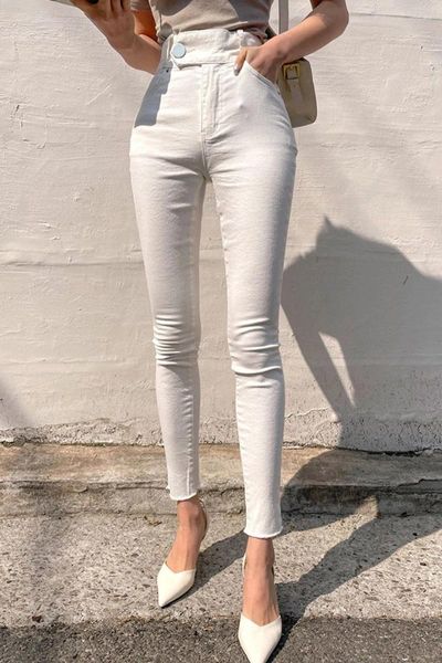 Jeans femininos básicos magros magros um botão Higg Women Mulheres de rua larga perna larga Pantalones de mujer Calça lápis Spring casual Spring