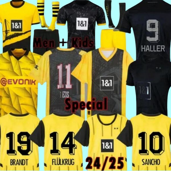 24 25 110º Jerseys de futebol Dortmund Borussia F.Nmecha Kamara 2024 2025 Camisas de futebol negros Reus Bellingham Hummels Reyna Brandt Kits para crianças