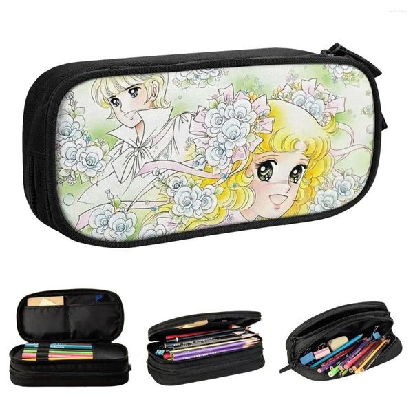 Casos de lápis de doces floridos Kawaii Anime Pen Pen Bag Student Storage Storage Students School Zipper Pencilcases