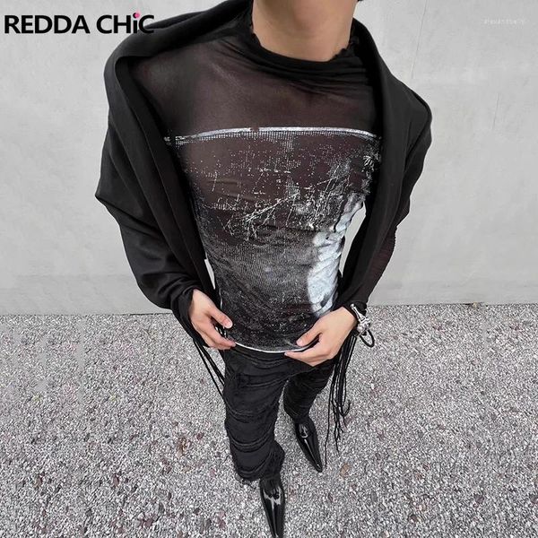 Frauen T-Shirts Reddachic Dark Punk Sheer Mesh Langarmes T-Shirt Frauen 90er Retro Patchwork Charakter Print Crop Top Hip Hop Style