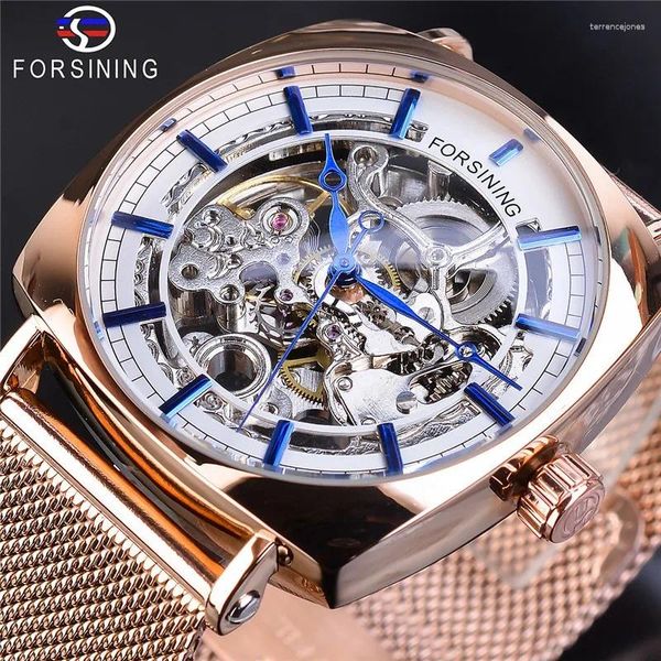 Avanadores de pulso Moda abandonando a marca Mesh Mesh Luxruy Golden Steel Men Automático Dial Mecânico Casual Hollow Out Busines Wrist Watch Watch