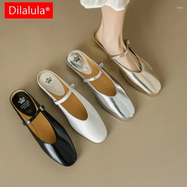 Sandali dilalula 2024 pantofole in pelle autentica da donna tacchi piatti coperti mary jane ladies casual comodi appartamenti estivi comodi