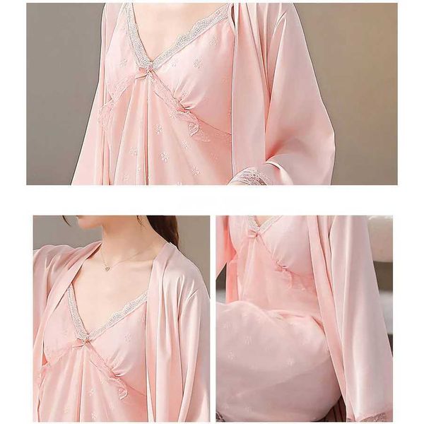 Robe feminino 2pcs Sleep Set Set Feminino Full Slip Lace Nightwear Kimono Robe Vestido Bridesmaid Bathrobe Sexy Cimise Chemise Nightgown