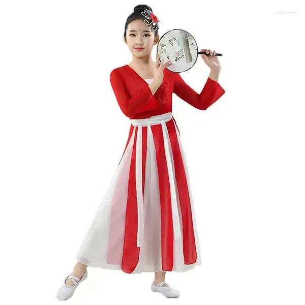 Set di abbigliamento per le performance di danza classica per bambini Vestiti Vestiti Fan Gallo di garza monopezzo cinese Ancient Dancing Unifom LE006