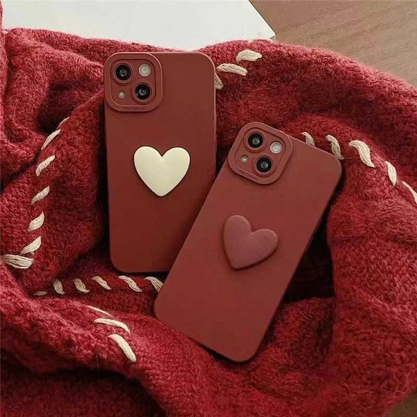 Casos de telefone celular Korea 3D Cartoon Love Heart Soft Thone Case para iPhone 14 13 12 Pro Max 11 x S XR 7 8 Plus Lens Protection Luxury Silicone Cover J240509