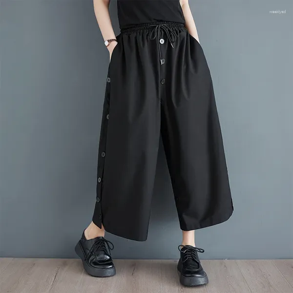 Frauenhose Japanische Yamamoto -Style Button High Taille Chic Dark Black Lose Frühlingsbreite Bein Street Mode Frauen lässig