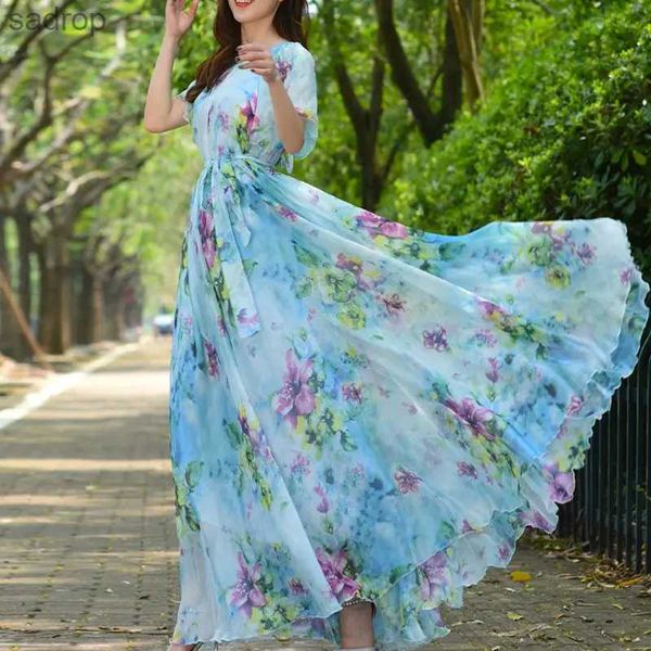 Basic Casual Kleider Sommer Maxi Kleid Frauen Blumendruck Feiertag Blumen Bohemian Strand Lose Abend Party Langes Kleid Chiffon Übergroße Robe Vestidos xw