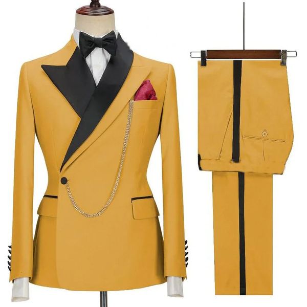 Yellow Men passt zu den neuesten Designs Revers. One Button Casual Slim männlicher Anzug Business Hochzeitsbräutigam Elegant 2 Stück Blazer Hosen 240430