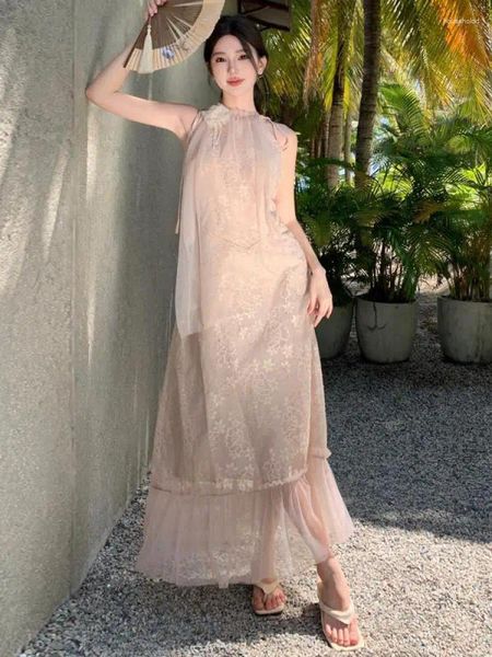 Günlük elbiseler boho moda yaz bej örgü dantel akşam kadınlar zarif seksi dantel-up yular ince ruffles parti balo sundress vestidos