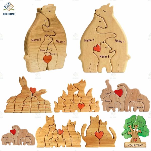 Incisione gratuita Custom Animal Family Punti di legno Regalo di Natale Bear Elephant Cat Lion Fox Sculpture 2-10 Nomi personalizzati 240429